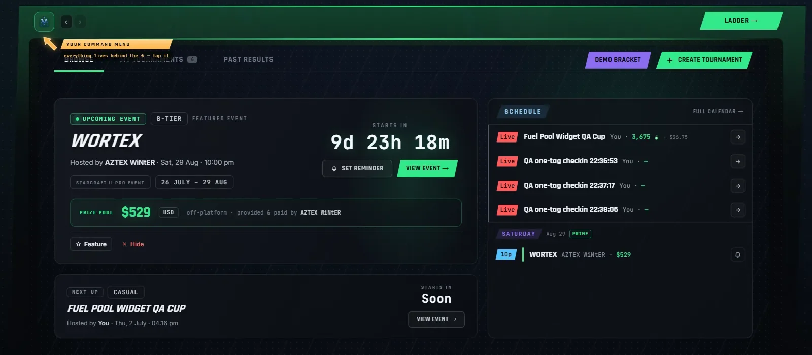 The tournaments hub: featured event hero and schedule rail